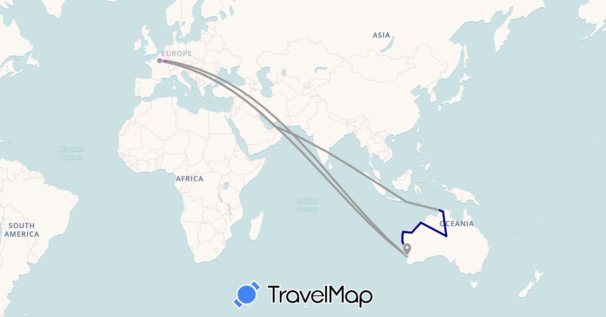 TravelMap itinerary: driving, plane, train, boat in United Arab Emirates, Australia, France (Asia, Europe, Oceania)